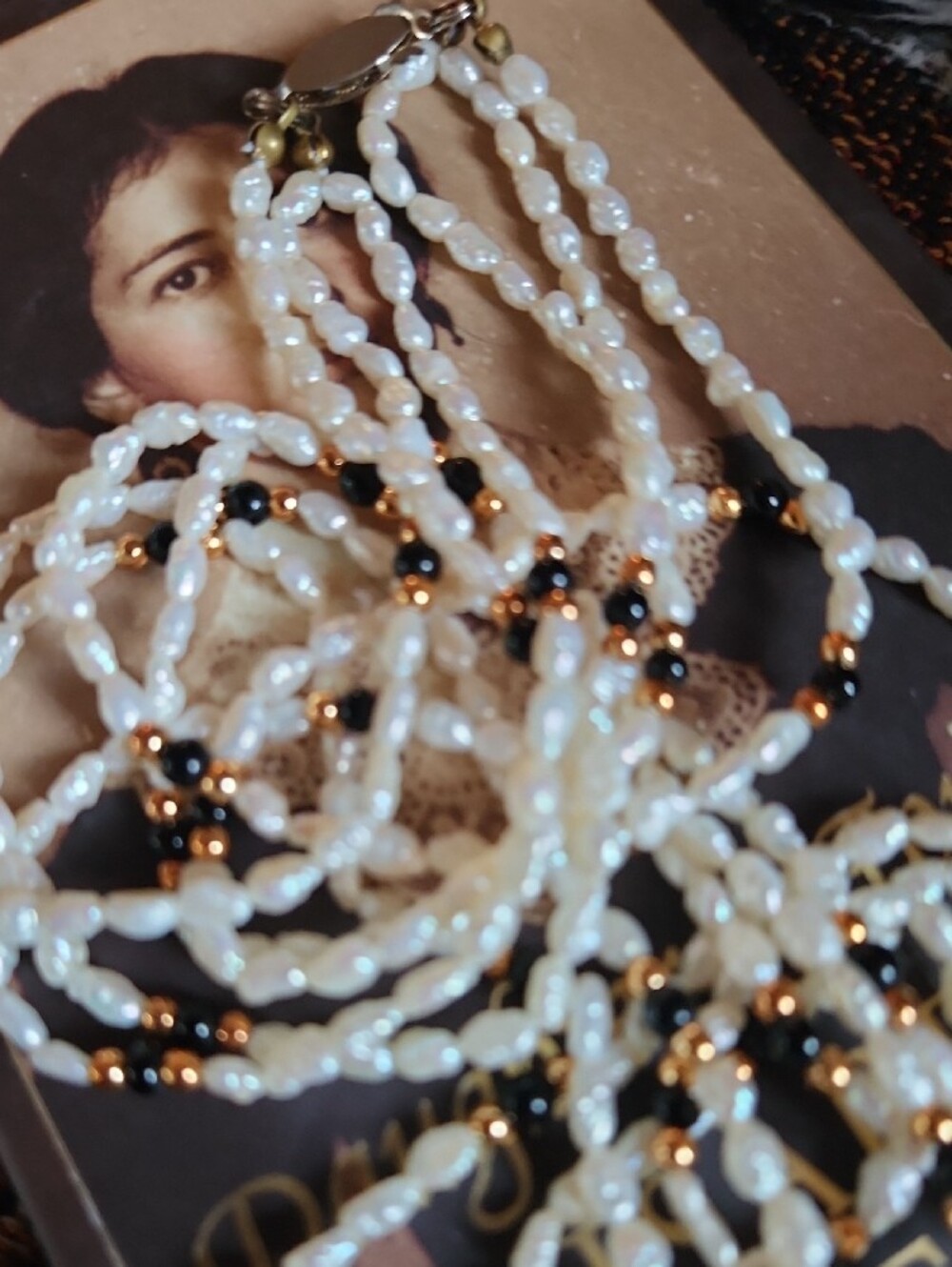 Vintage Freshwater Rice Pearl & Onyx Bead Necklace - Picture 3 of 5